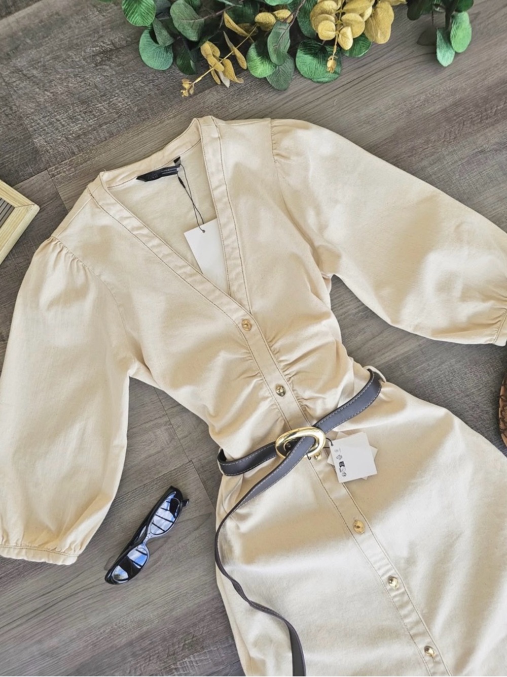 Zara Cream Button-Front Maxi Dress with Puff Sleeves - Picture 3 of 7